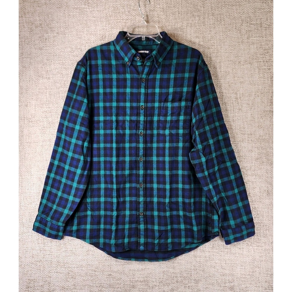Lands End Traditional Fit Plaid Flannel Shirt Mens L 16-16.5 Navy Green EUC - Picture 1 of 11